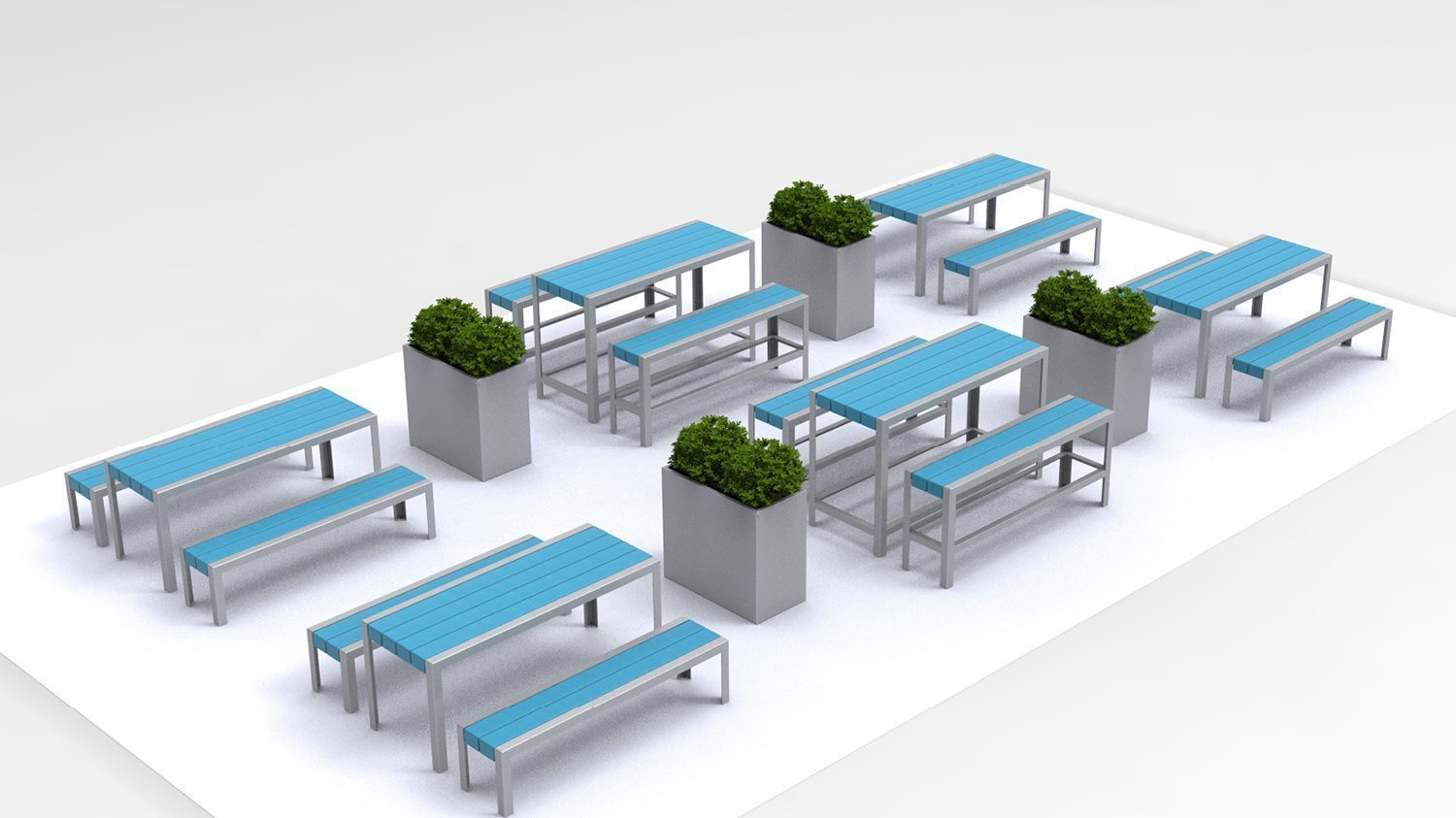 1050 Tables and Benches paired with 1500 planters