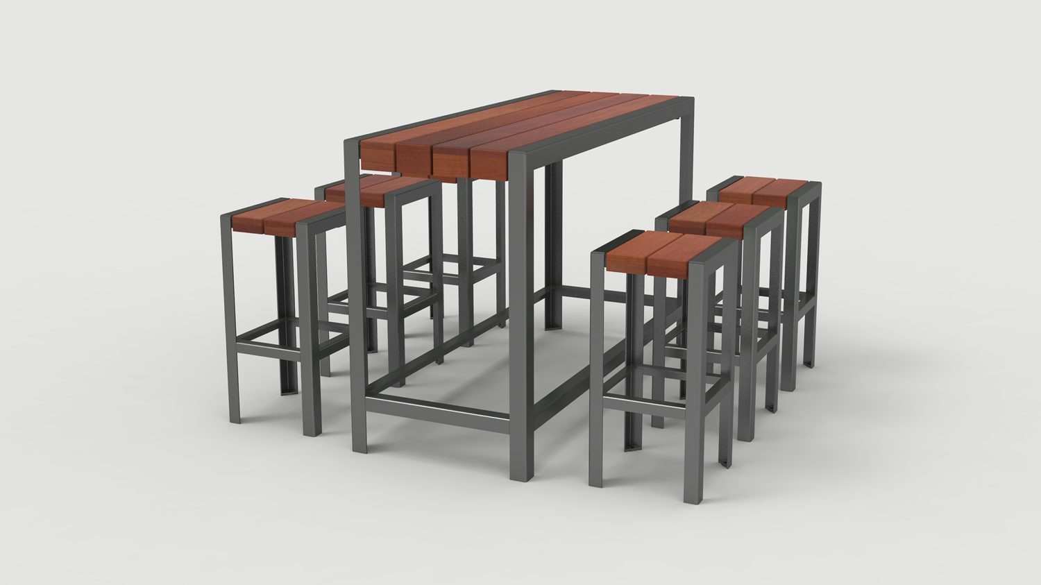 1050 Layout ML1050-00017: Bar Height Table, Backless Stools, Ipe Wood