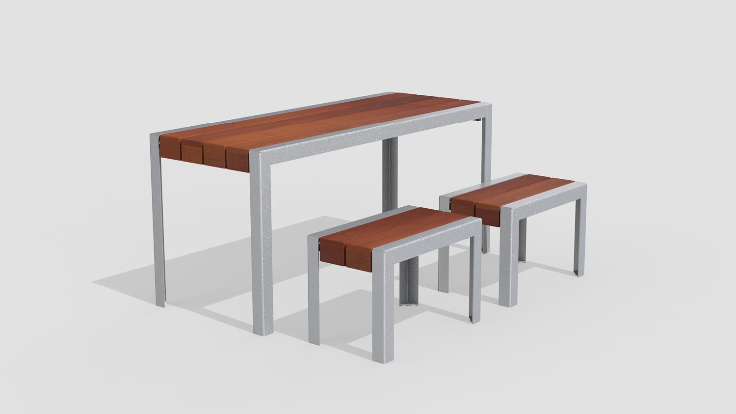 1050 Layout ML1050-00034: Standard Table Height, 2x Short Backless Benches, Ipe Wood