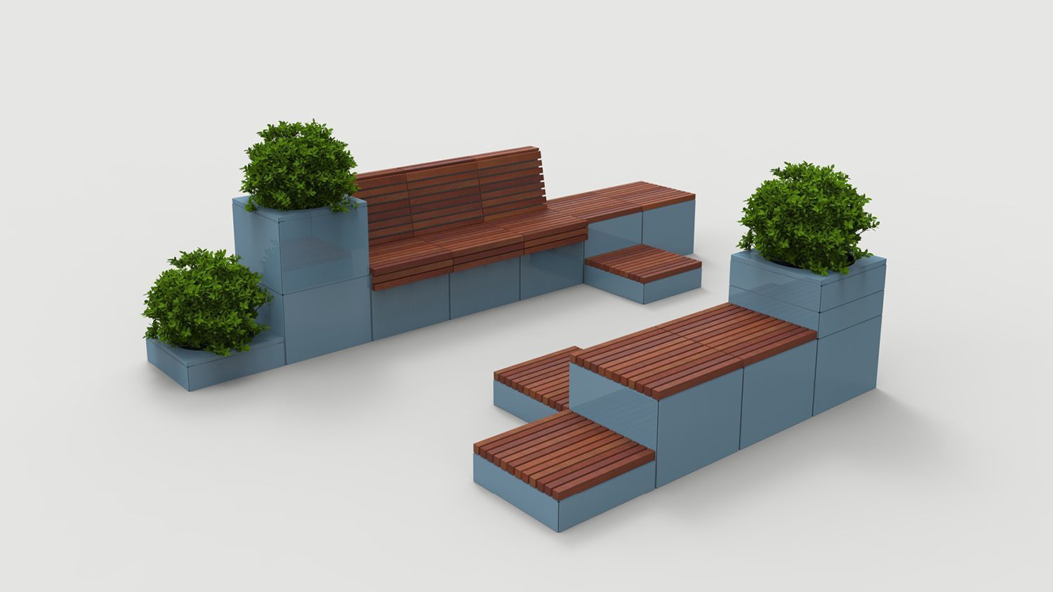 Pixel Layout PLF2200-00054: Blue painted blocks with wood and planters