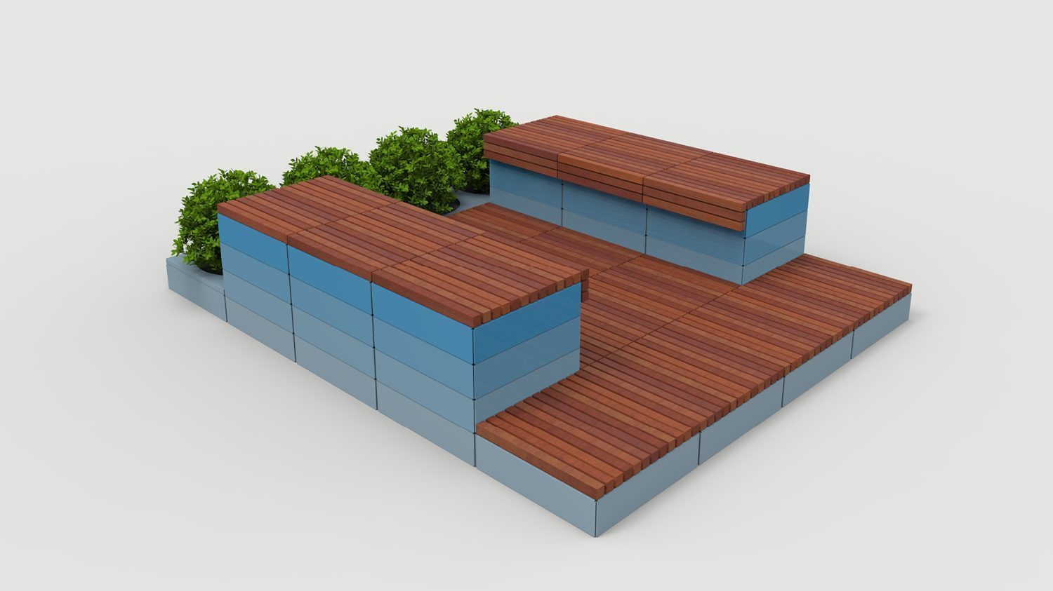 Pixel Layout PLF2200-00057: Short Blocks with Ipe square profile tops and planters, gradient blue paint