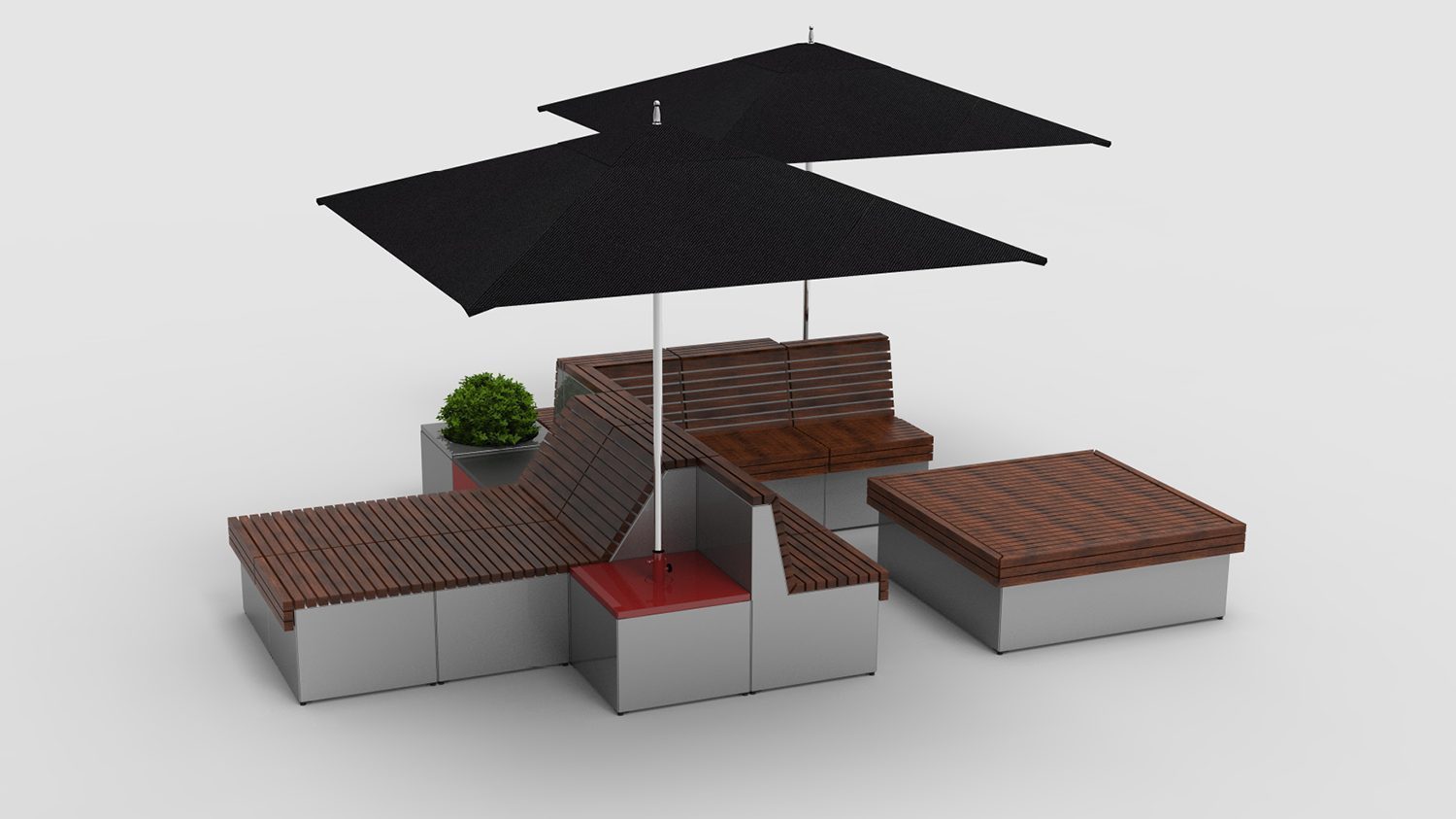 Pixel Layout PLF2200-106863: Large 4 x 4 block with cladding, umbrella's for shade, lounge seating and planters