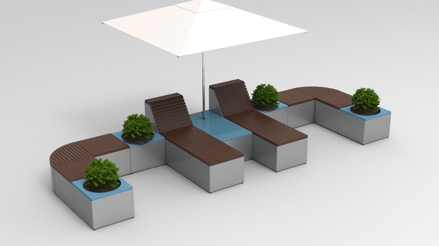 Maglin Backed and Backless Pixel Layout PLF2200-108390 with wood slats, rounded corners, planters and an umbrella