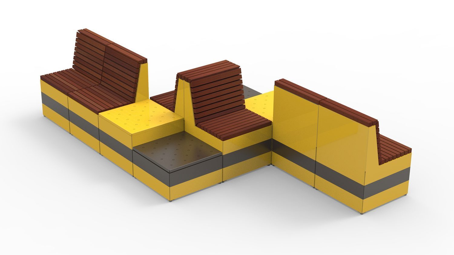 Pixel Layout painted yellow and bronze with wood and metal tops