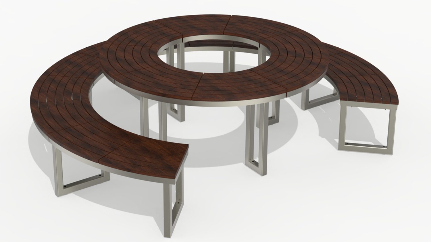 Ogden Layout: Curved bench with circular table, Thermal Ash Wood, Left to Right Slats