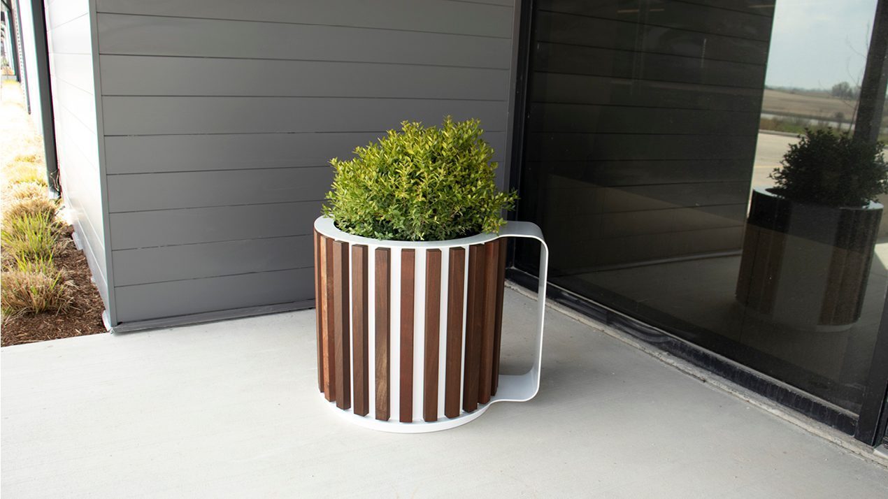 MUG Planter with gloss white powdercoat and thermal ash wood slats