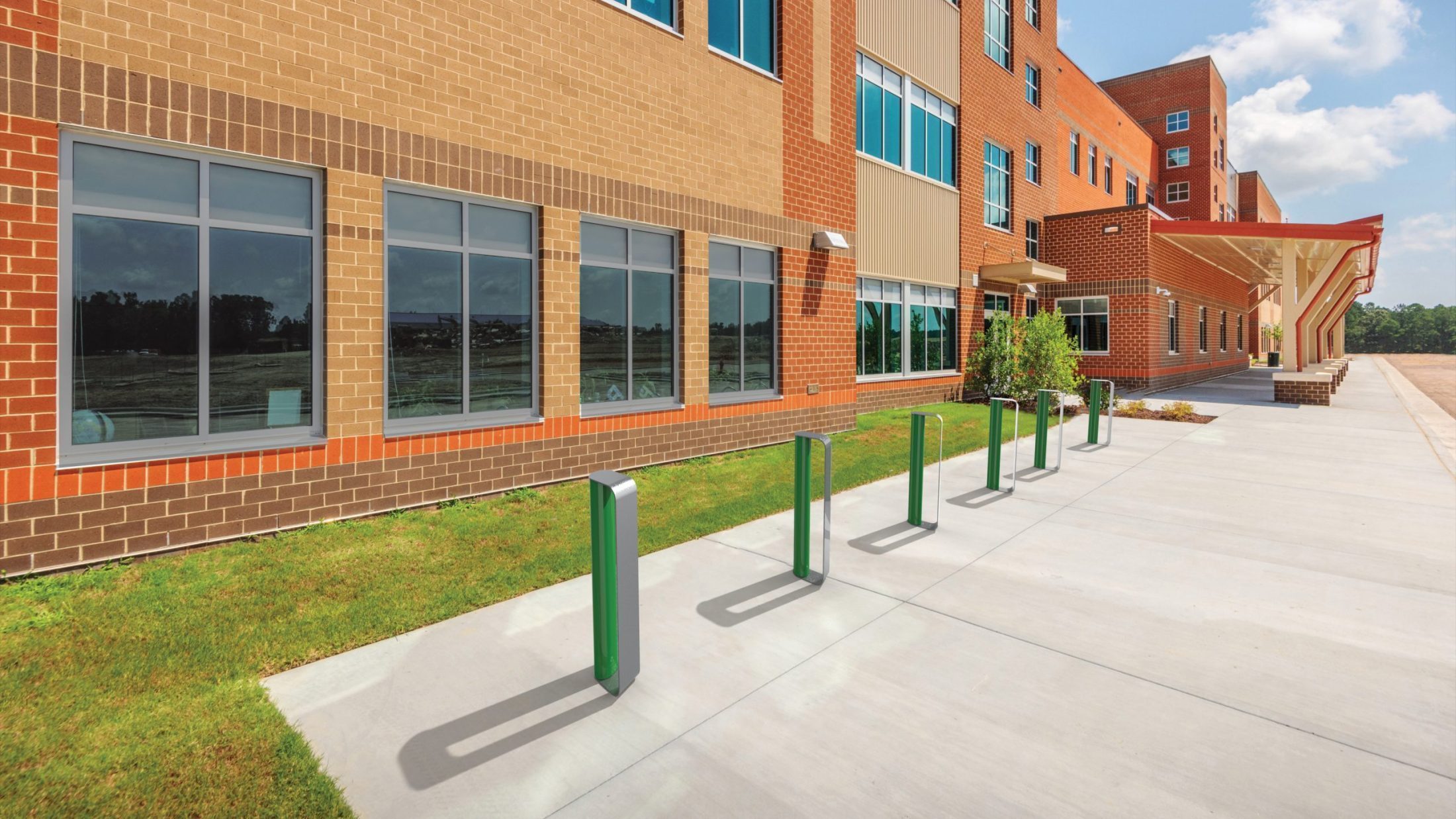 MUG Bike Racks at school on a bright sunny day