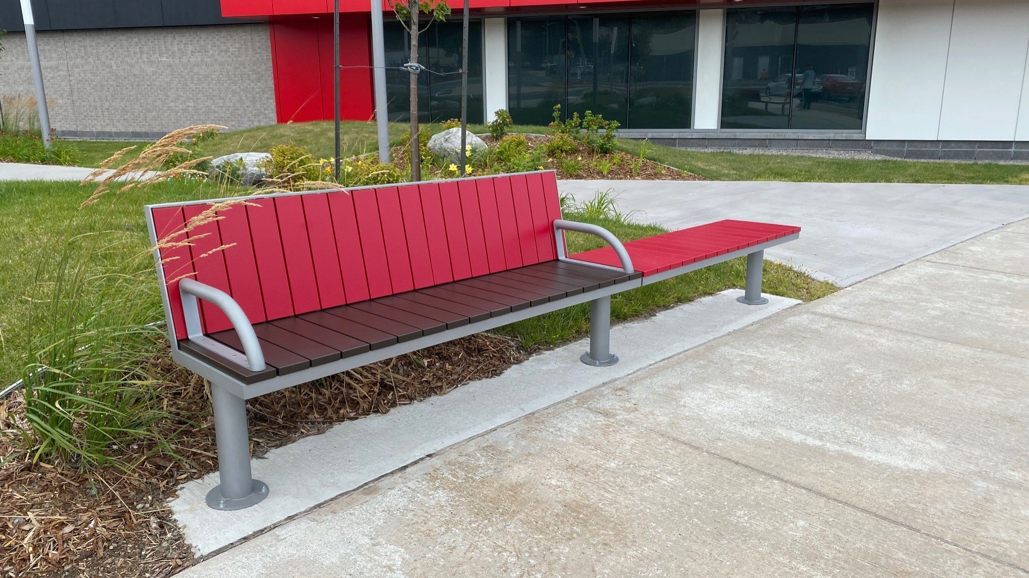 Straight Ogden with and without back at Avalon Mall, red and black HDPE