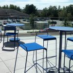 Bar Height Kontur Tables and Stools with Foro Tables and Chairs in blue powdercoat