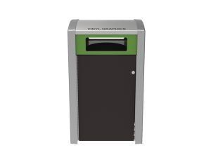 MTR-1400-00018: 1400 Trash Receptacle, Green Face Plate, Brown OP HDPE Sides, Vinyl Graphics