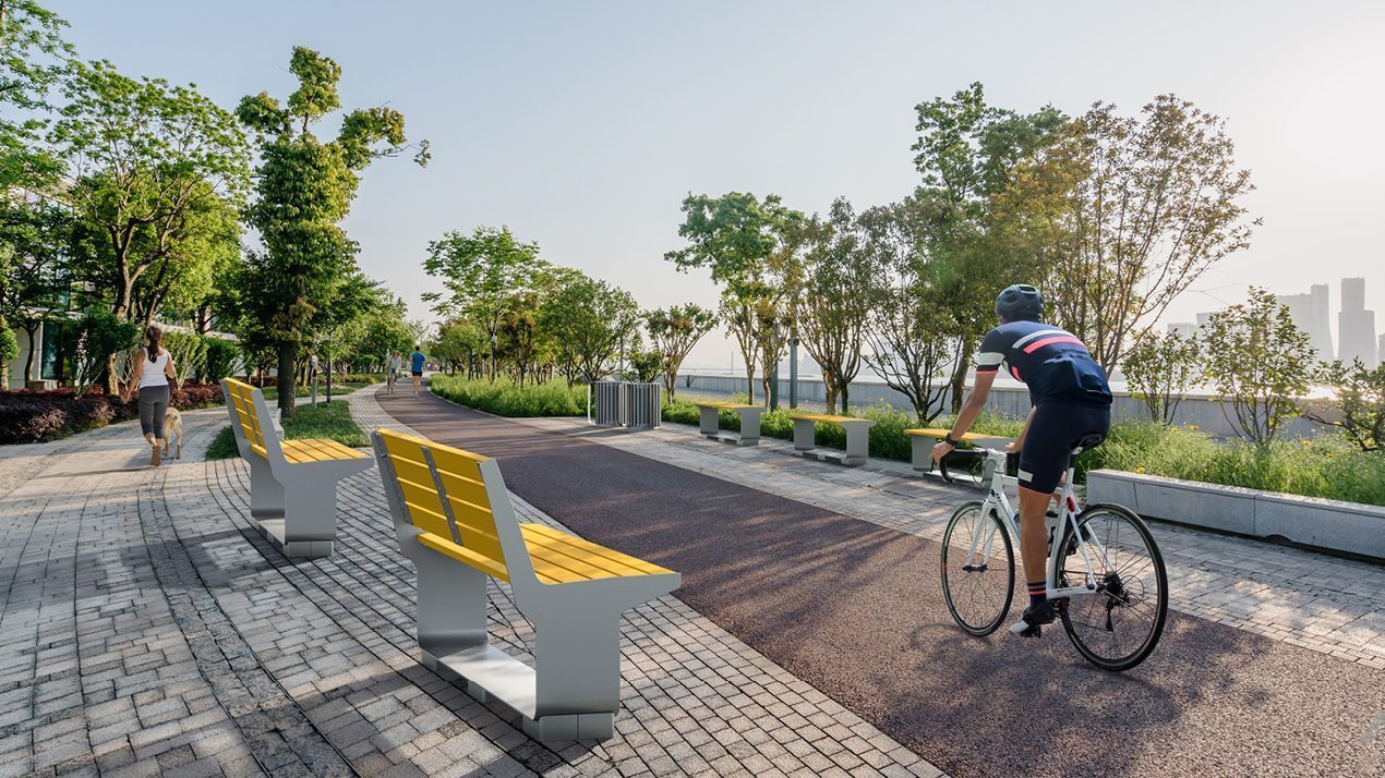 L-Series backed and backless benches along walking path