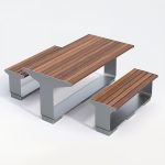 L-Series Table and Backless Benches, Wood, Gunmetal powdercoat