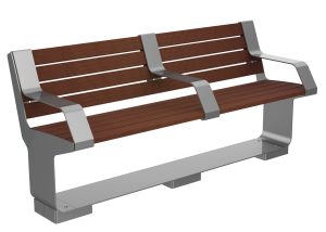 MBE-3000-00007: L-Series Backed Bench, Ipe Wood, End and Center Arms