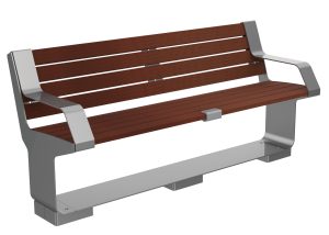 MBE-3000-00013: L-Series Backed Bench, Ipe Wood, Two End Arms, Skate Deterrent