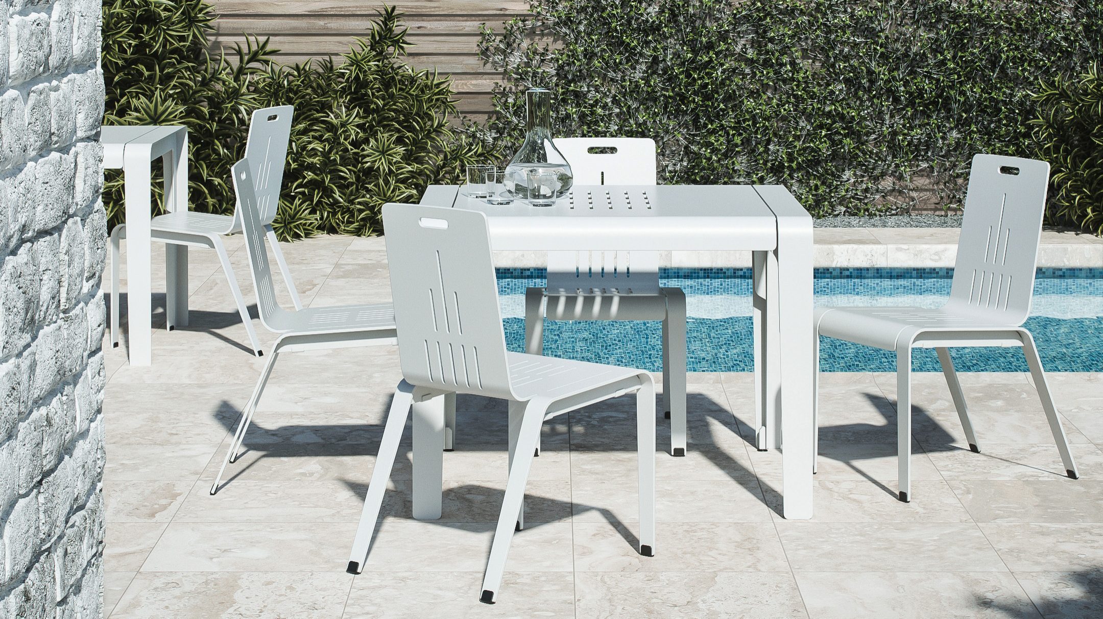 ALUM Dining Table and Chairs on patio with pool