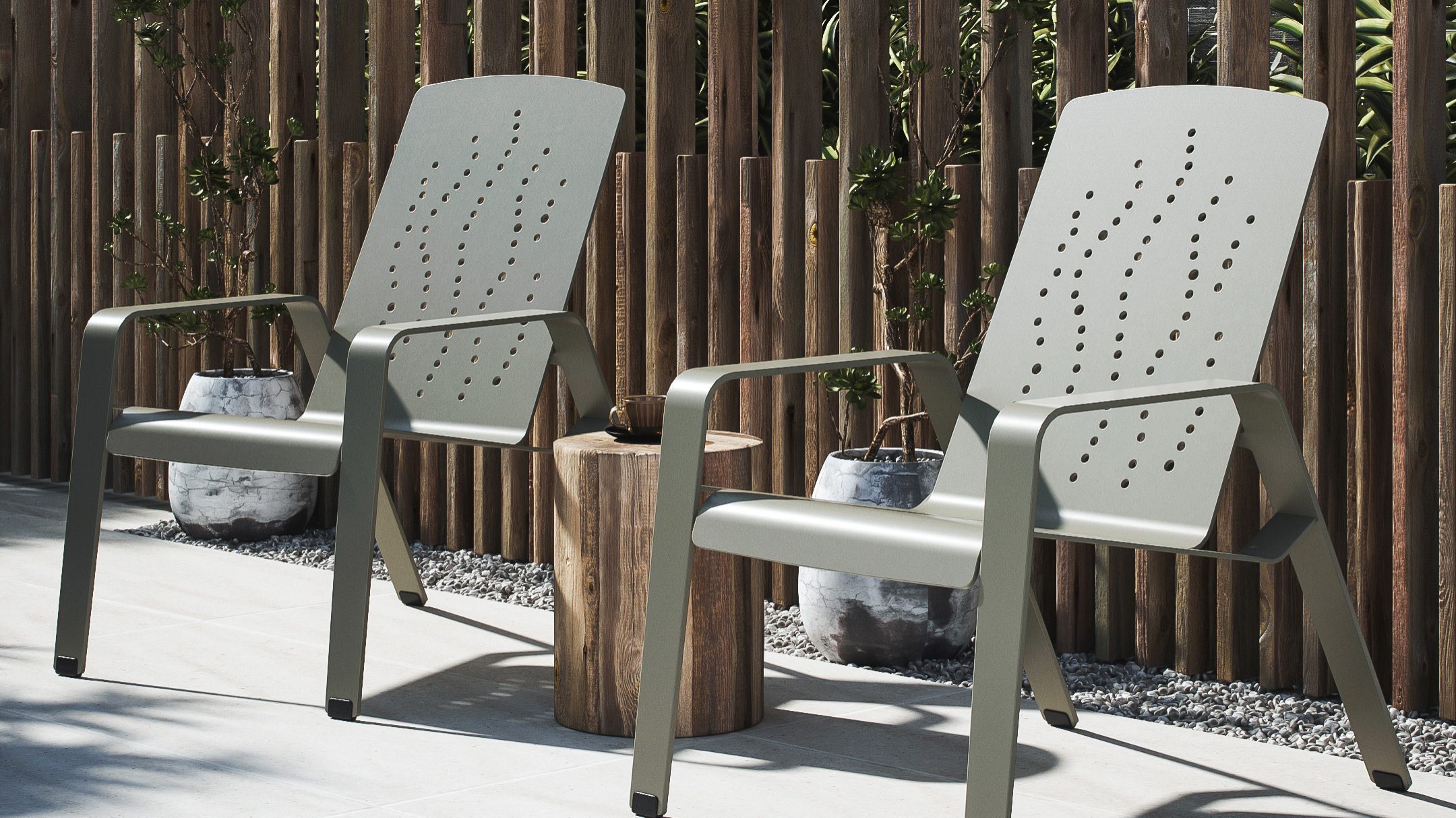 ALUM Lounge chairs next to bamboo wall