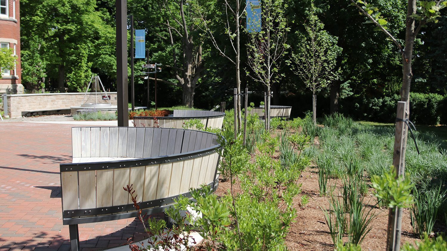 Curved Ogden Bench with custom wood at Lang Plaza