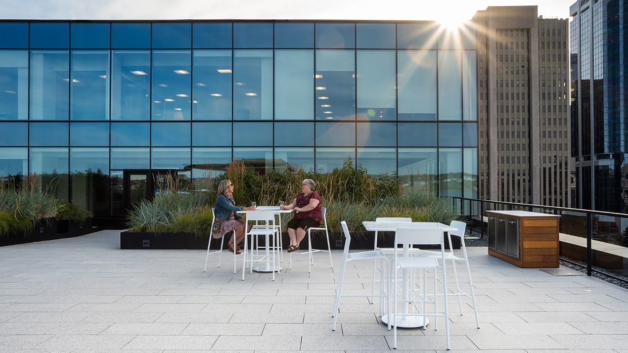 Foro Collection - Bar Height Square tables at Stewart McKelvey patio