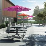 3200 Series - Roma Sun Shade, Fusion Pattern with FAVA tables and 1500 planters on patio