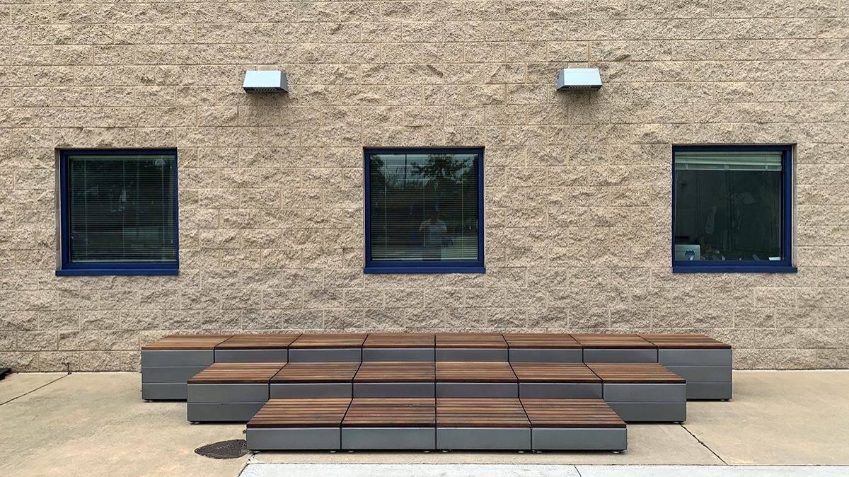 Dark grey Pixel configuration with ipe wood block tops at CSUSM.