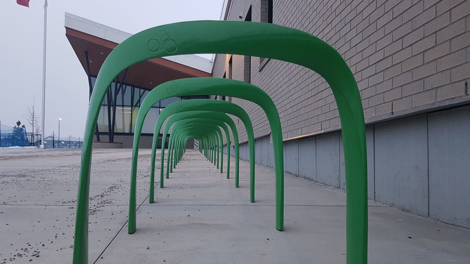 SC Bike Racks painted green are lined up in front of a building