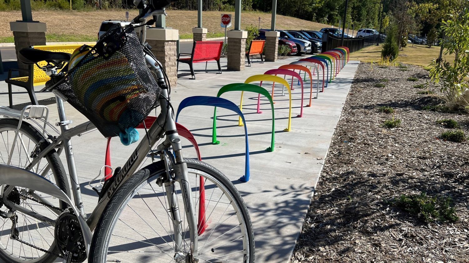 Rainbow painted SC Bike Racks at Lyons Farm Elementary School in Durham NC