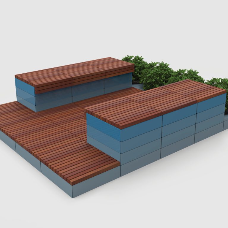 Pixel layout with blue gradient colouring, wood tops and planters