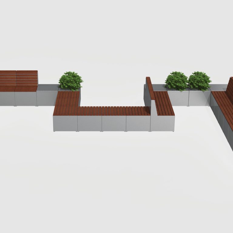 Pixel layout with backed and backless blocks in u shapes with planters