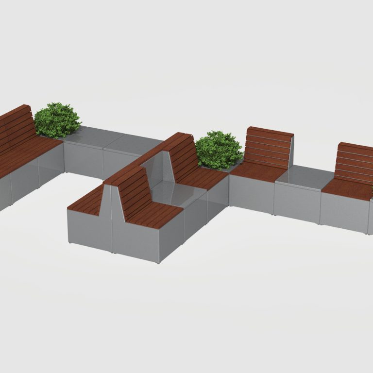 Pixel layout with backed and backless blocks, planters, wood