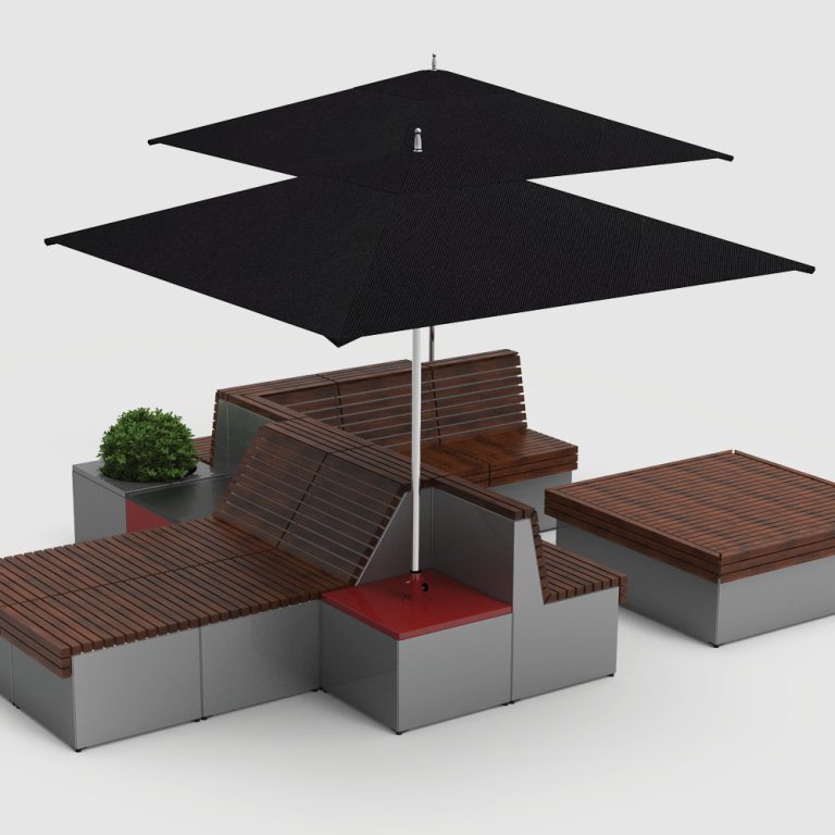 Pixel layout with wood cladding, umbrellas and planters