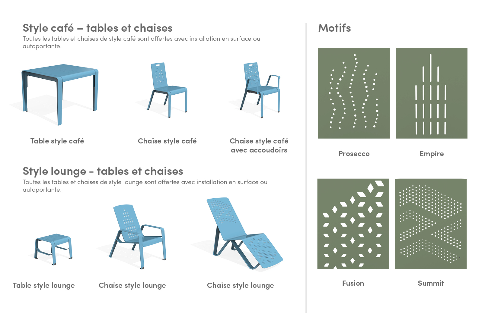 Composants ALUM 2024, tables et chaises, motifs