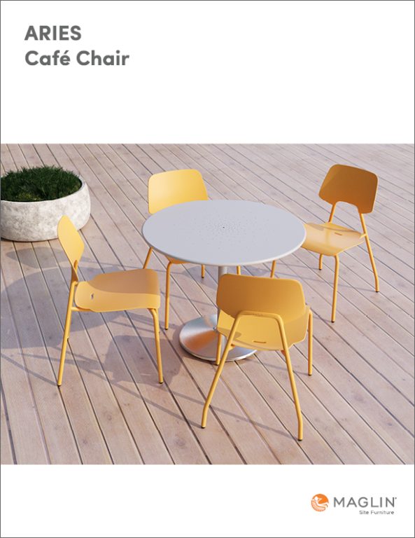 ARIES Cafe Chair Brochure Cover featuring yellow ARIES chairs and white battery table