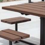 Close-up of 400 Cluster Seating with wood grain texture high density polyethylene and umbrella hole