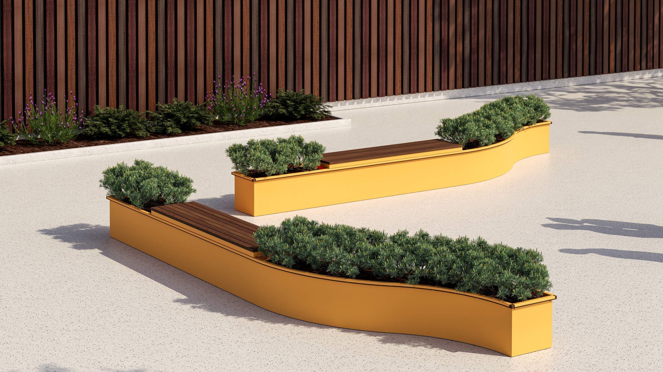 CANOE modular planters with seating in bright yellow powdercoat against wooden wall