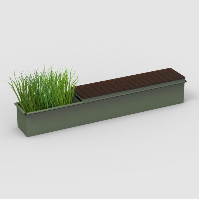 Straight CANOE modular planter with bench seating in reseda green