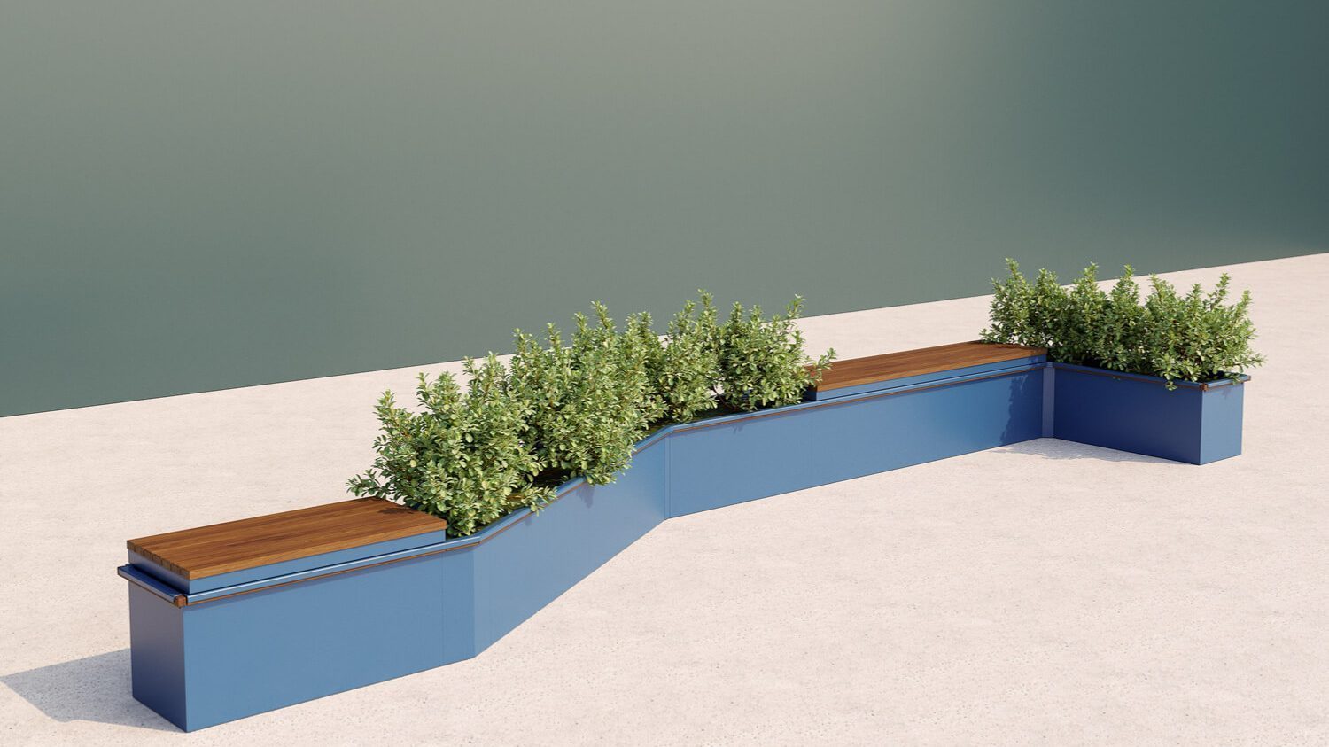 CANOE modular planters with seating, powdercoat blue with plants against green wall