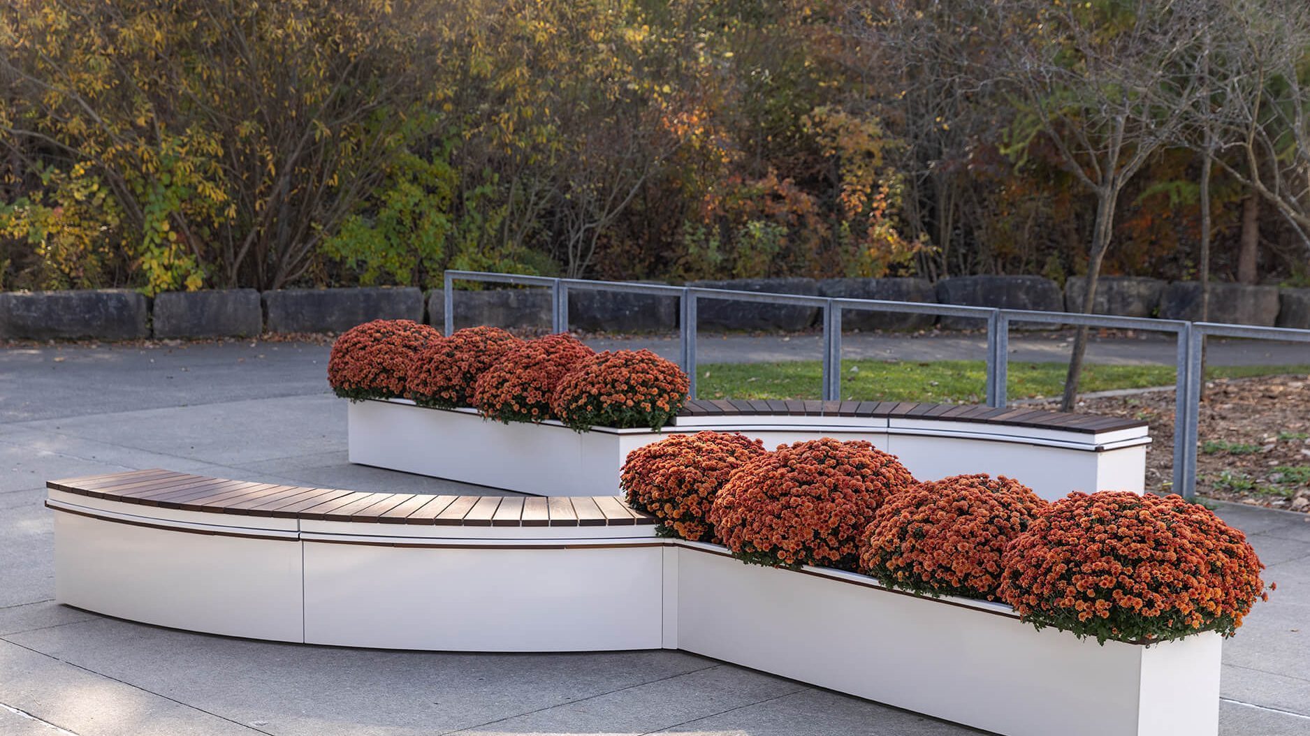 CANOE modular planters with orange mums and bench seating on a fall day